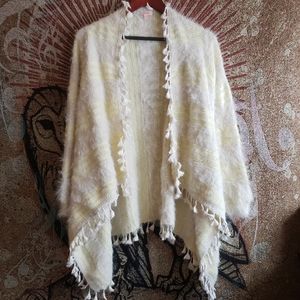 Fuzzy white/ neon yellow stripped sweater with small tassels